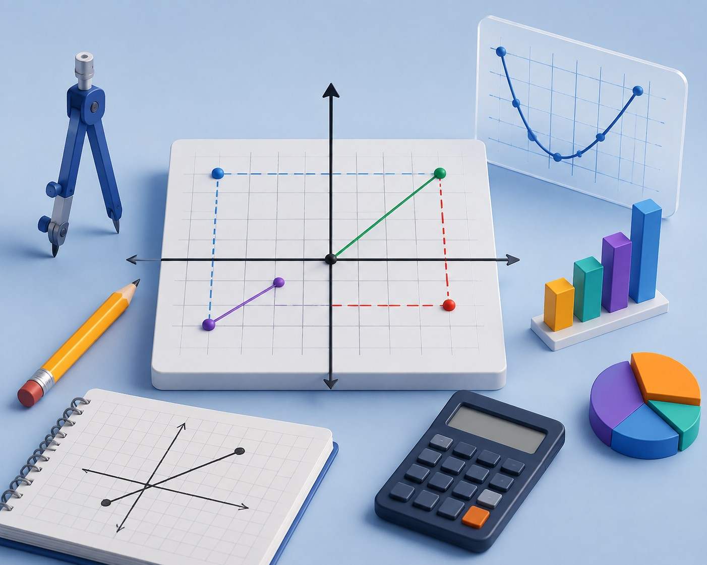 Coordinate geometry GMAT question concept featuring a Cartesian plane with plotted points, graphs, calculator, compass, notebook and mathematical tools representing problem-solving and quantitative reasoning practice.